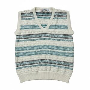 Lyle & Scott Cream and Teal Striped V-Neck Sweater Vest